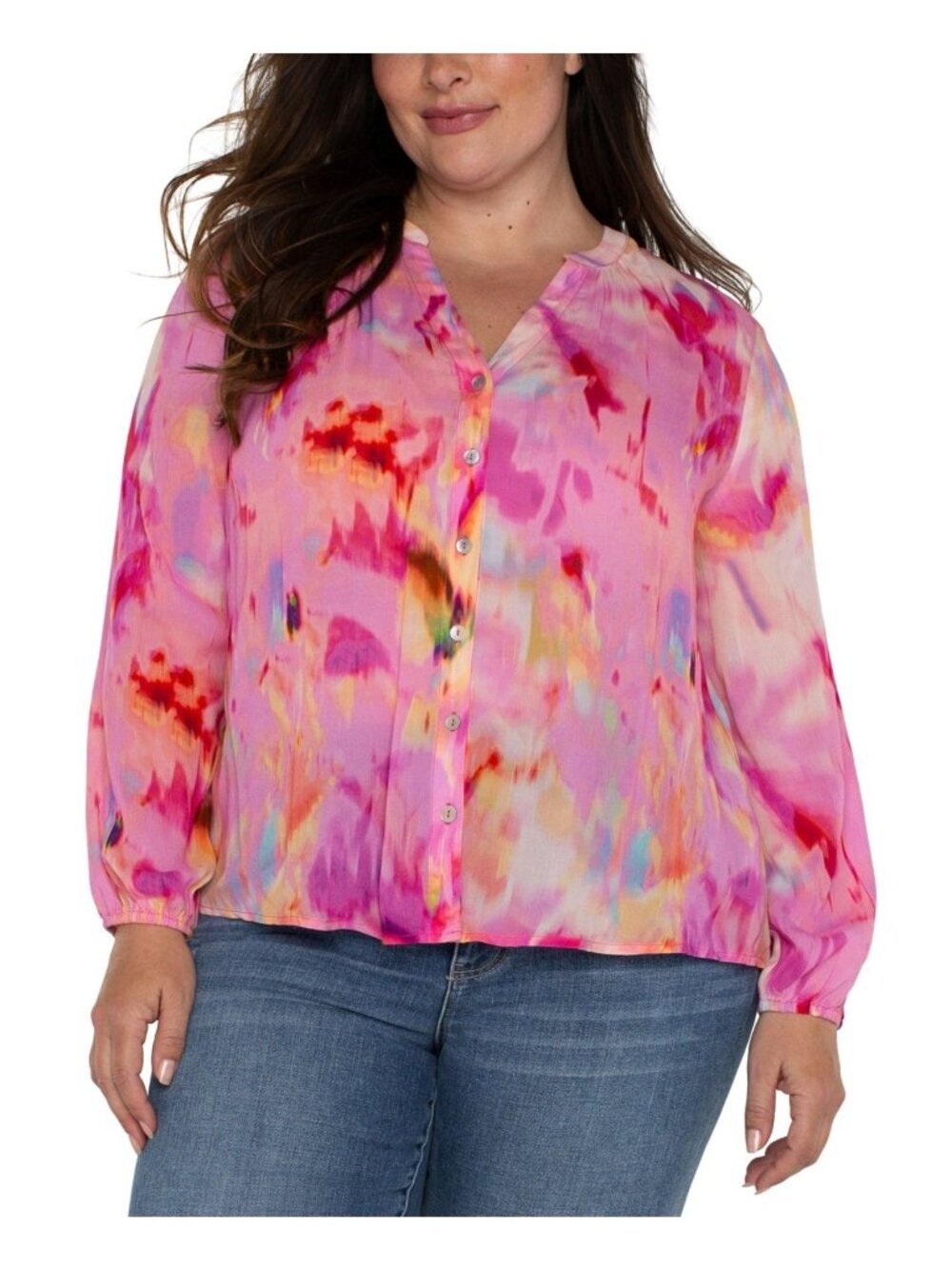 Liverpool Los Angeles Plus Size 2X Printed V-neck Long-Sleeve Blouse Pink $89